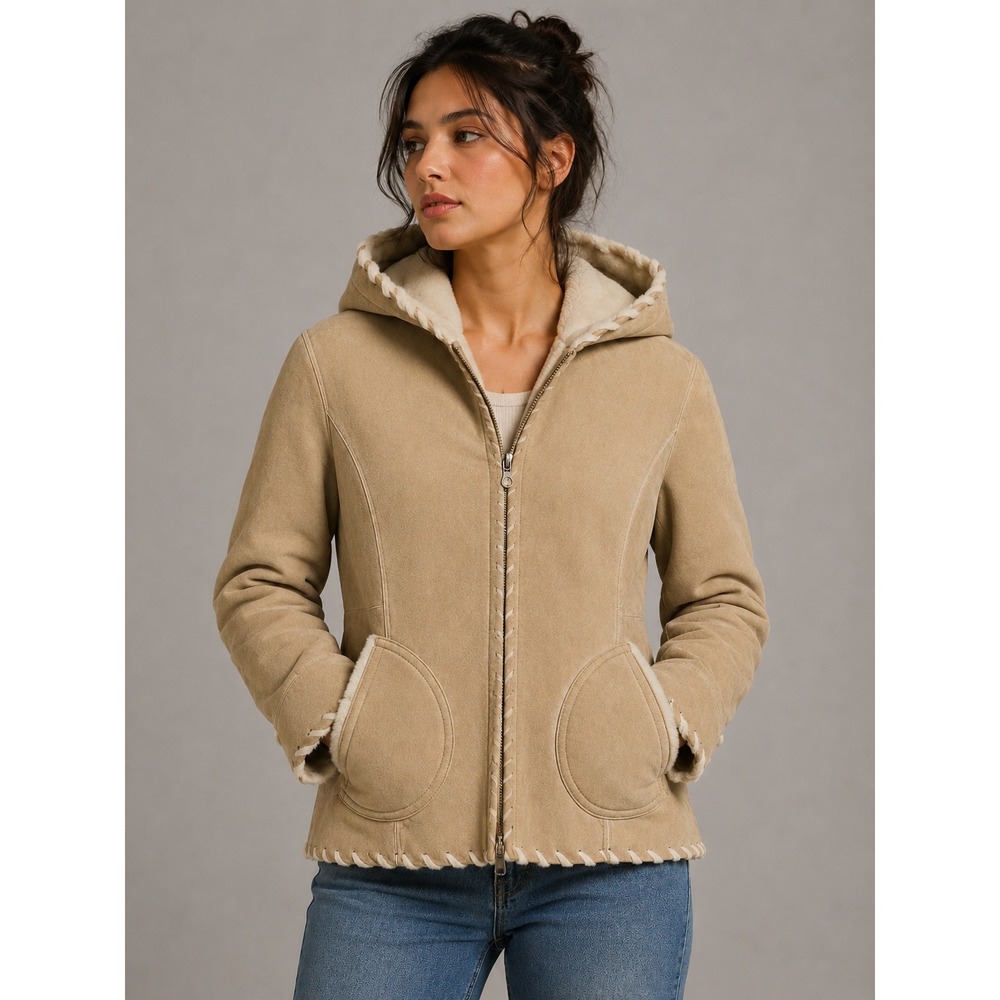 Wilsons Leather Suede Jacket Women Medium Hooded Faux Fur Lined Shearling